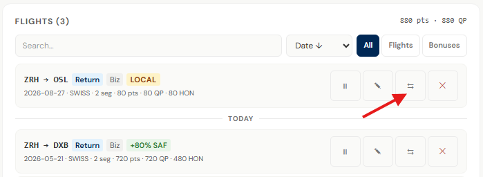 A return flight in the MileHunter dashboard flight list, with a split icon next to the edit and delete buttons