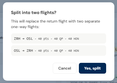 Confirmation dialog previewing the two one-way flights that will result from splitting a return flight