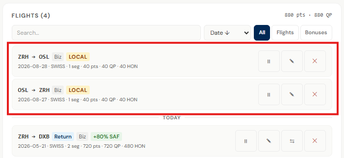 The flight list after splitting, showing two separate one-way flight entries instead of one return flight